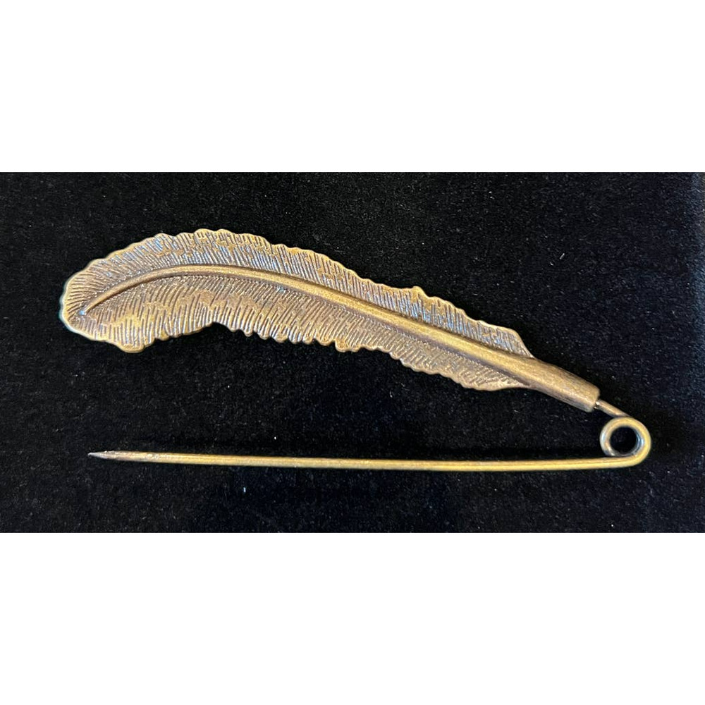 VTG Style Feather Brooch Saftey Pin Style Closure Dark Gold/Bronze Tone Metal